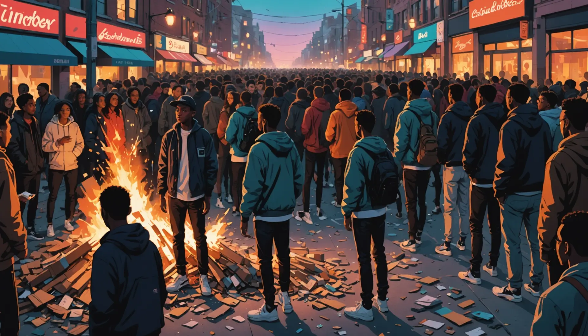 Editorial illustration showing a volatile scene with the words tinderbox meaning slang implied by imagery