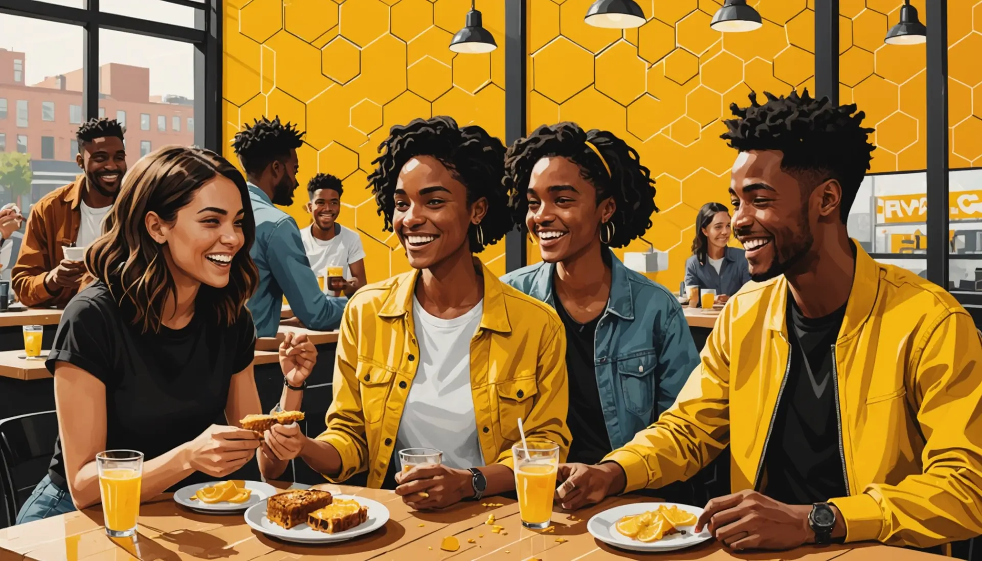 Editorial illustration of diverse young people using bumblebee slang, playful yellow and black palette