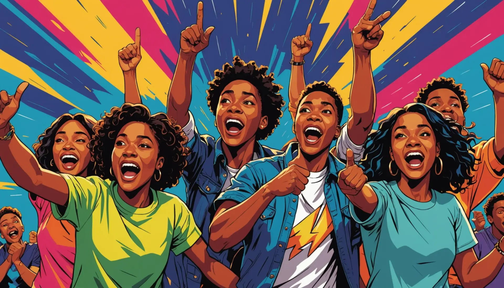 Editorial illustration of friends reacting dramatically to a ‘thunderbolt slang’ moment