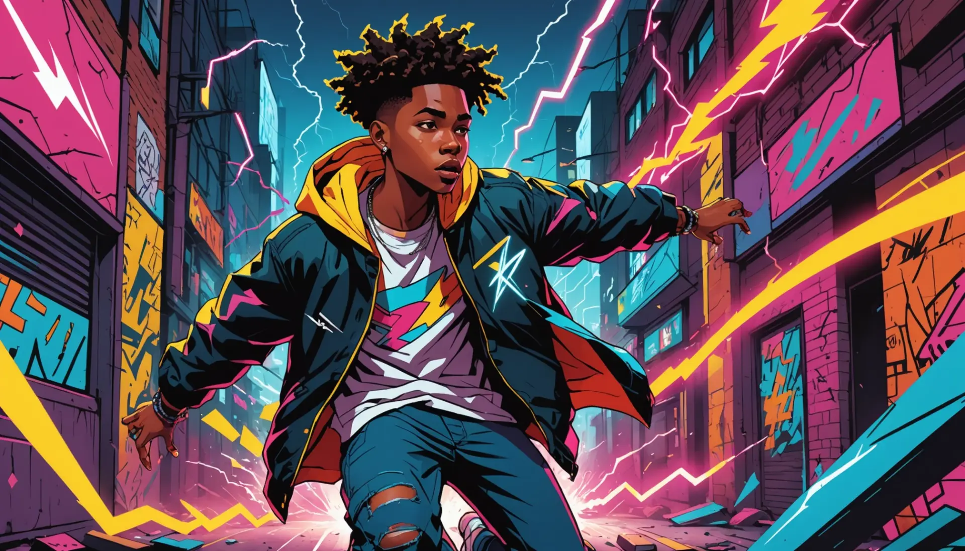 Editorial illustration showing a person struck with lightning-like inspiration, captioned concept for thunderbolt meaning slang