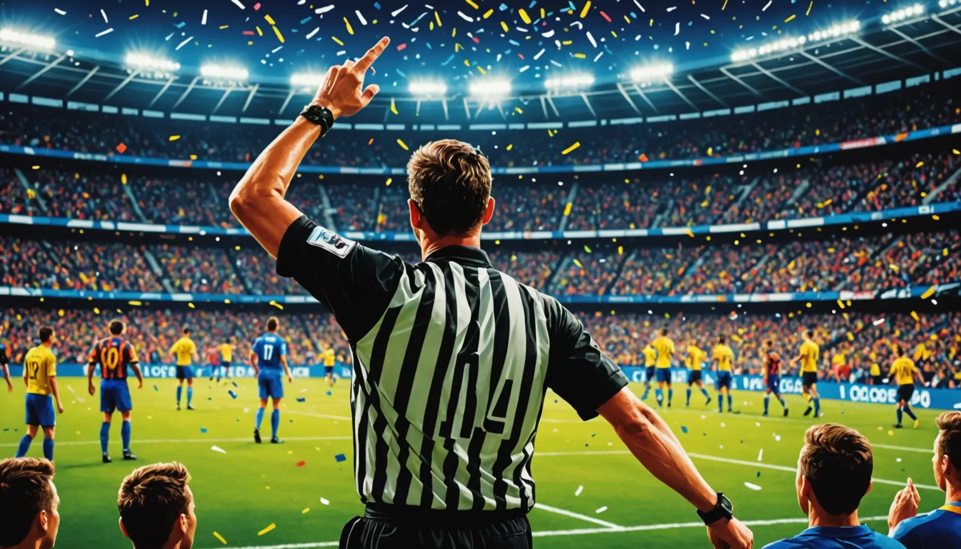 Editorial illustration showing a soccer referee blowing the whistle at full time with fans reacting, what does full time mean in soccer