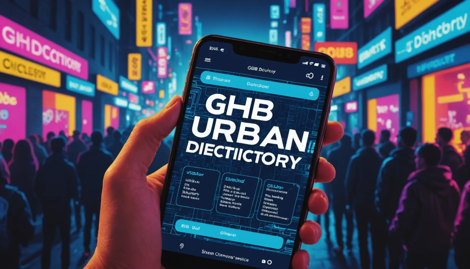 Editorial illustration of a smartphone search screen showing the phrase ghb urban dictionary on a crowded party backdrop