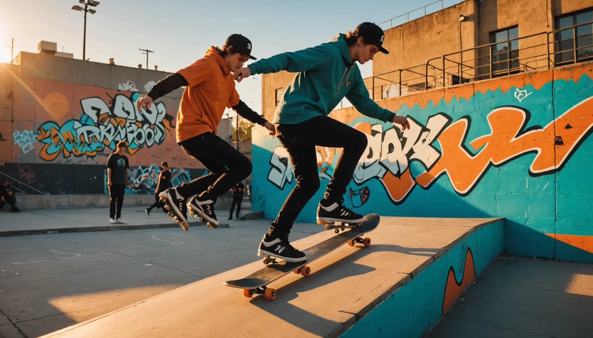 Editorial illustration of skaters practicing on a grind rail, with the phrase grind rail slang vibe implied