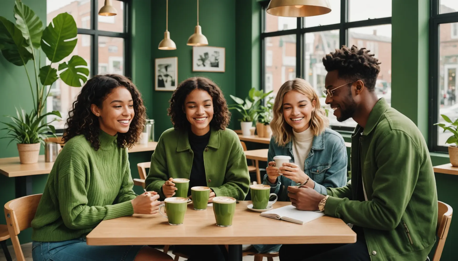 Editorial illustration showing young people embodying matcha meaning slang vibe, with green tones and curated aesthetic