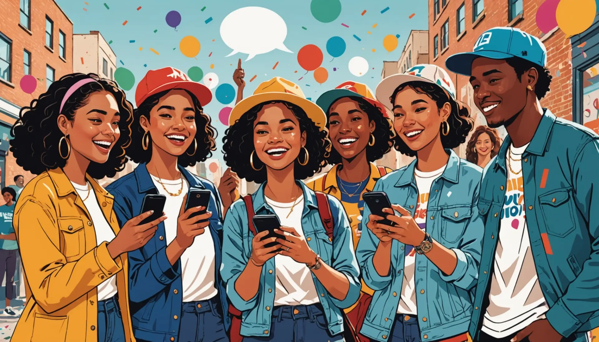 Editorial illustration of people using phones to look up urban dictionary spanish on social apps