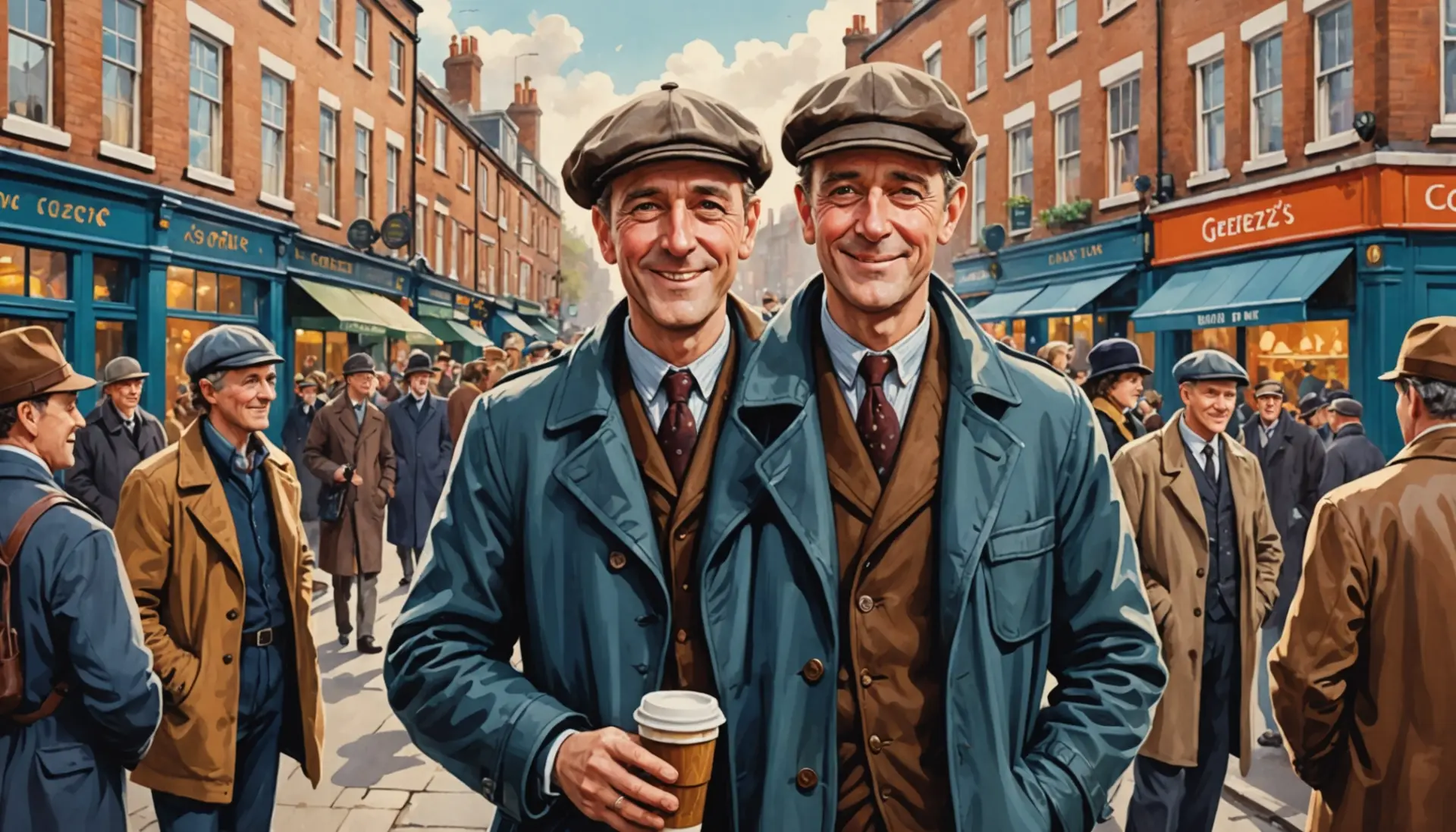 Illustration of a British geezer in street scene, representing what is a geezer in British slang
