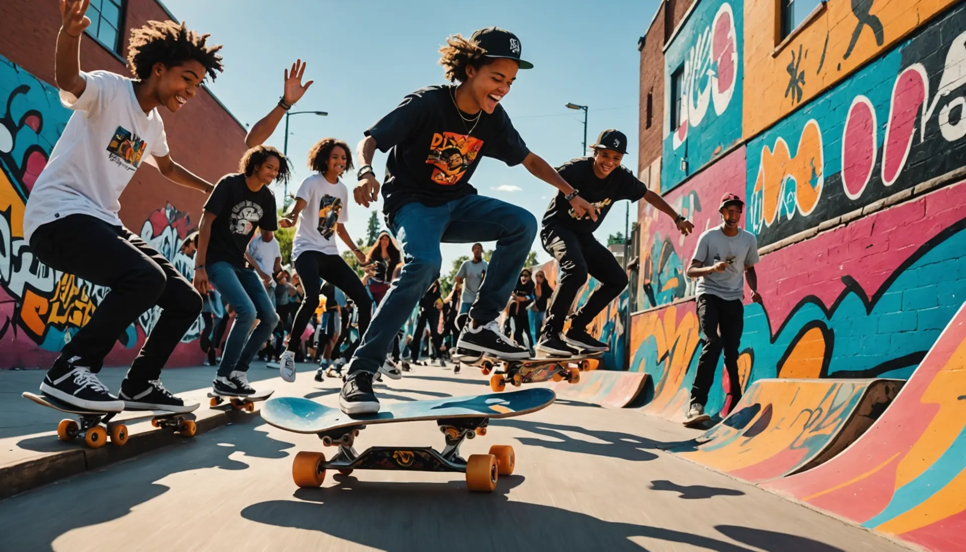 Illustration of skaters using skateboard terms slang at a colorful urban skate spot