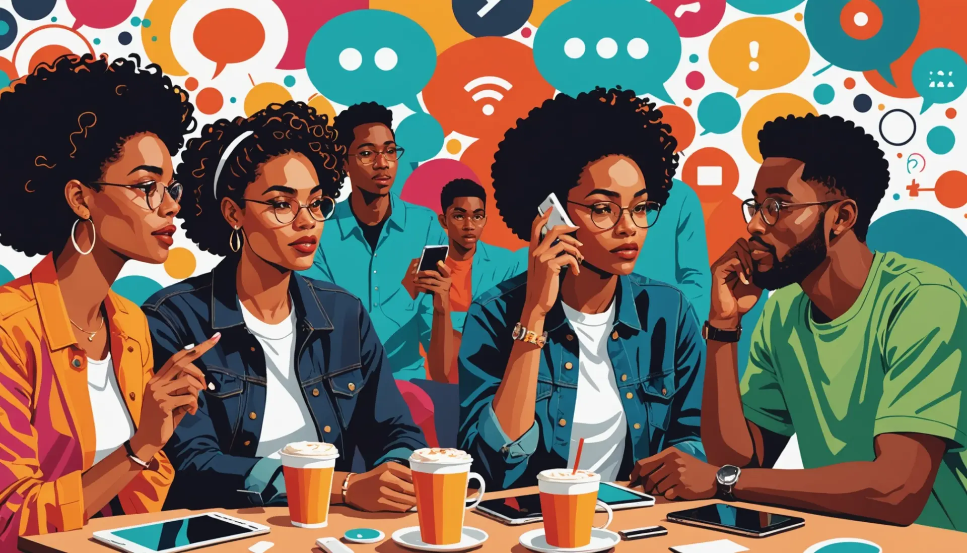 Editorial illustration showing people texting phrases like IDK and no clue, representing slang to admit your ignorance