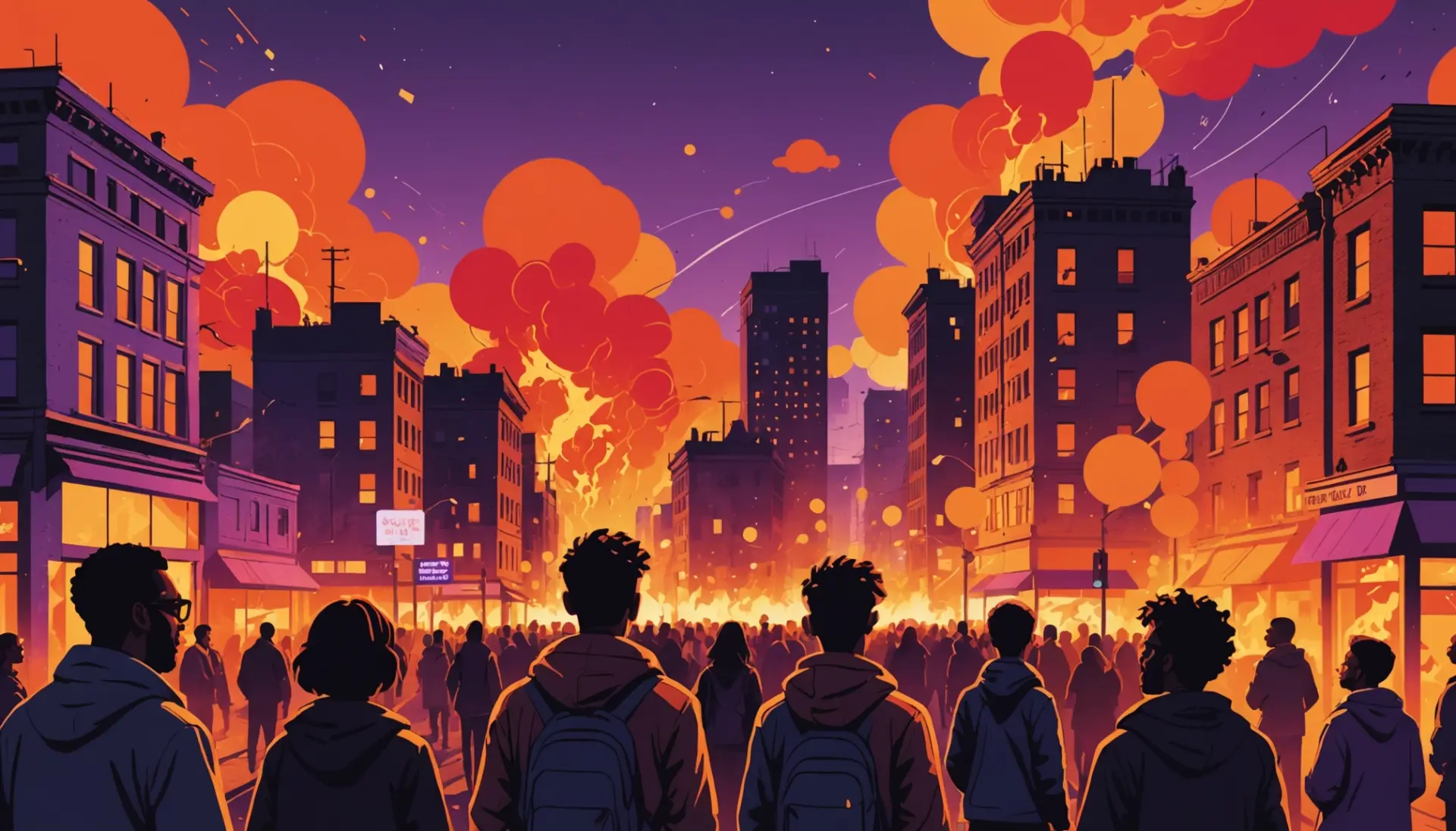Editorial illustration of a glowing urban scene labeled metaphorically as tinderbox slang, showing crowd tension and sparks