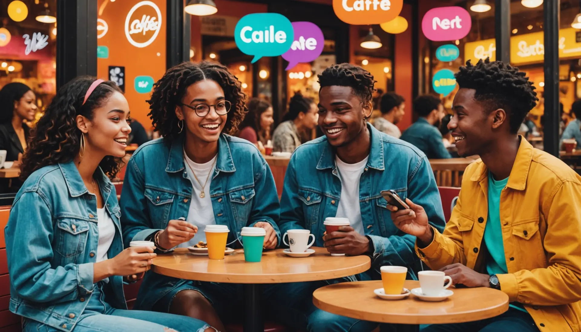 Editorial illustration of young adults discussing 'chucking sexual meaning urban dictionary' in a colorful urban cafe