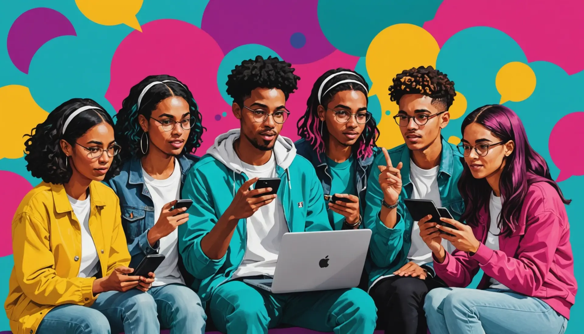 Editorial illustration showing people debating dnp meaning slang on phones and laptops