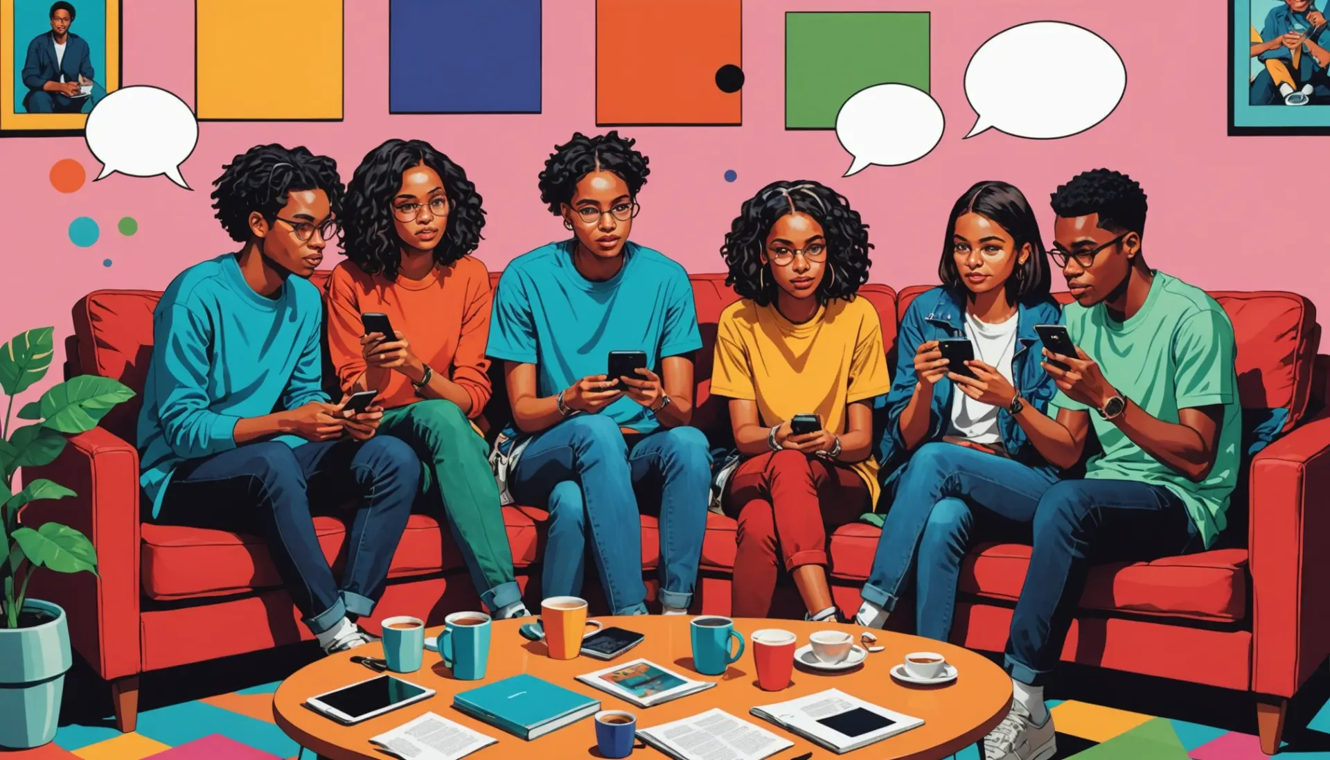 Editorial illustration of people texting and asking what does gmpan mean in slang