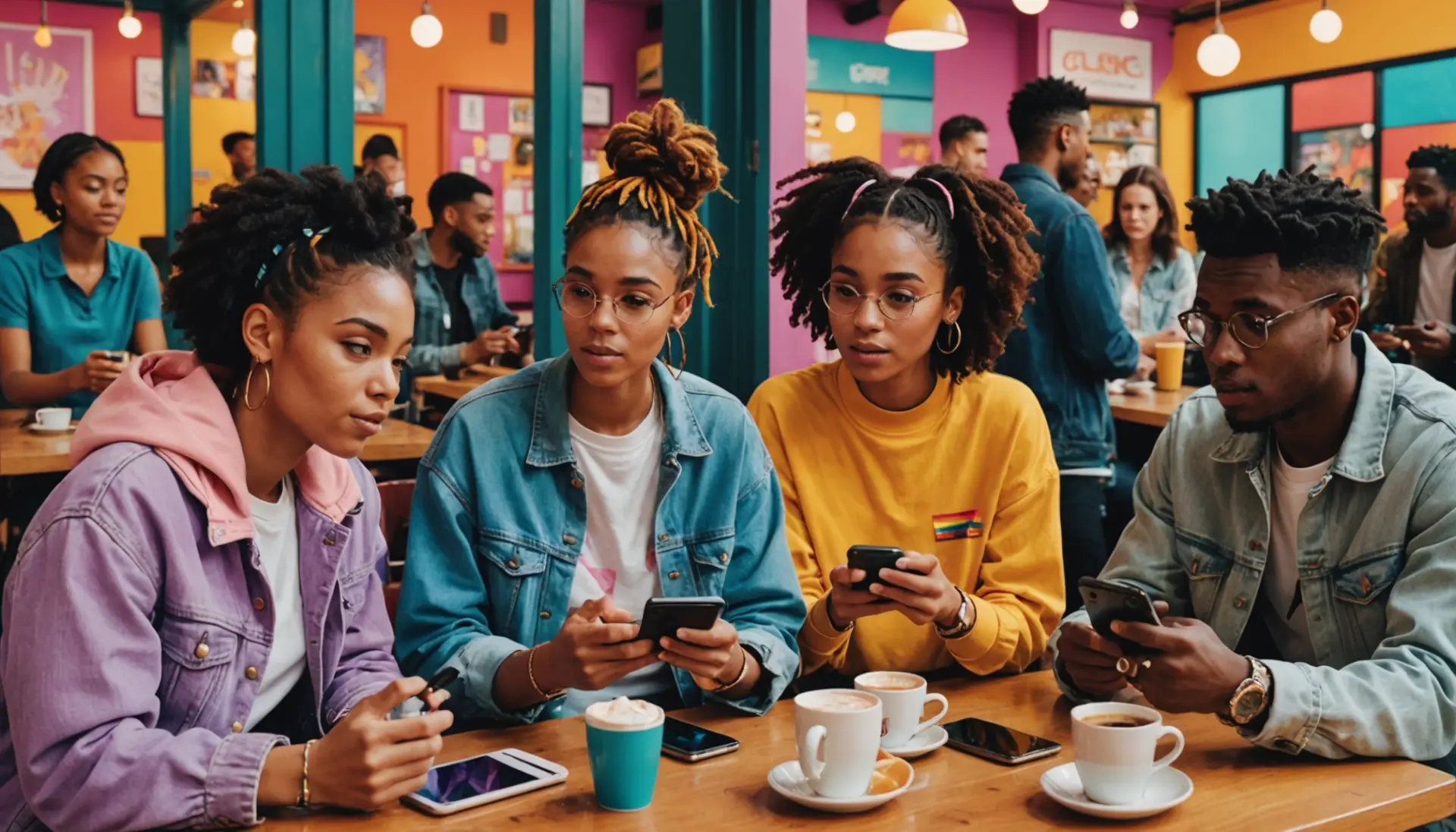 Editorial illustration showing diverse people chatting about sum top meaning slang on their phones