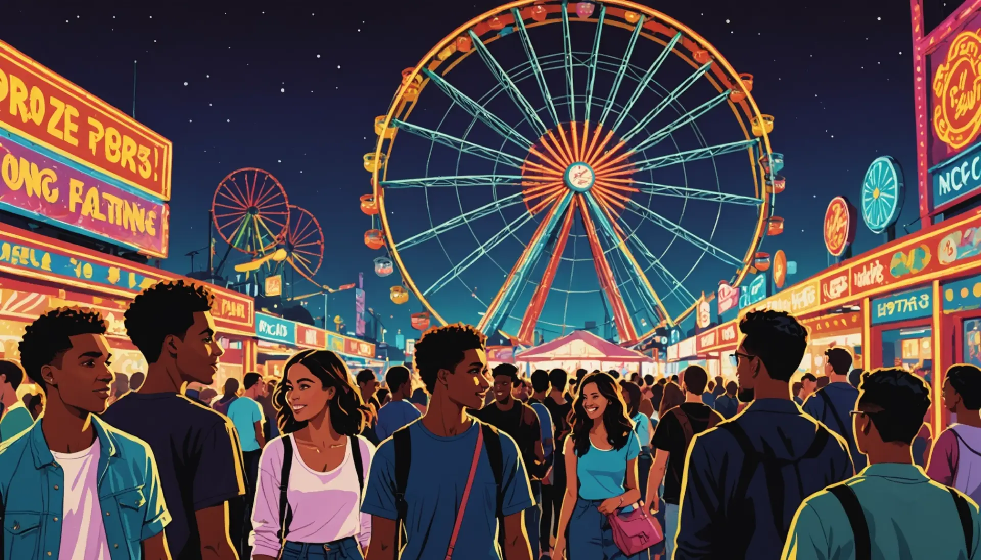 Vibrant editorial illustration showing teens at a fair with graffiti-style colors and the phrase fairs urban dictionary implied