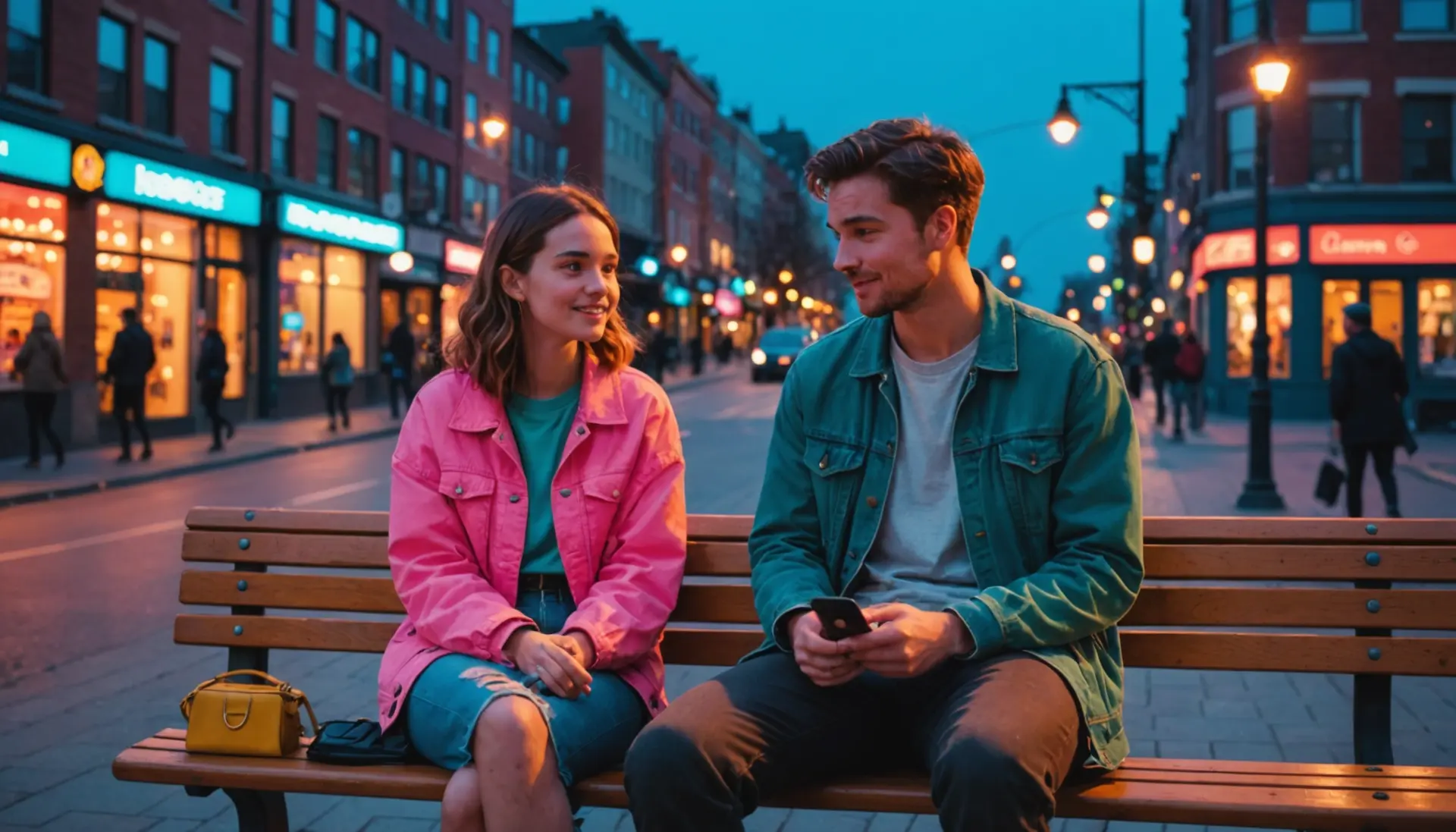 Editorial illustration showing a young couple talking, caption-style vibe, with the phrase what does exclusive mean in a relationship implied by body language