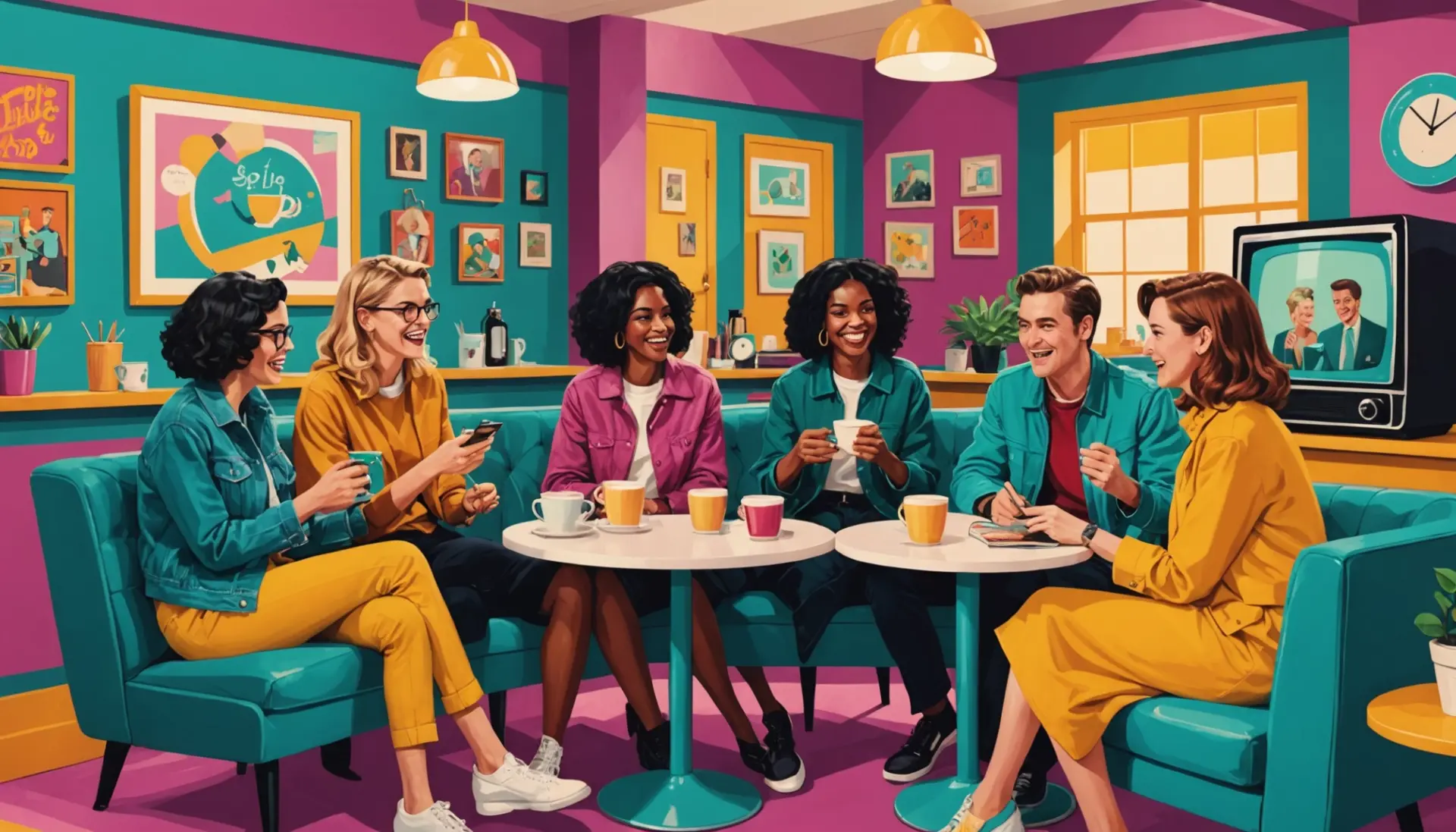 Illustration showing people referencing what does colbert mean around a TV with Stephen Colbert imagery
