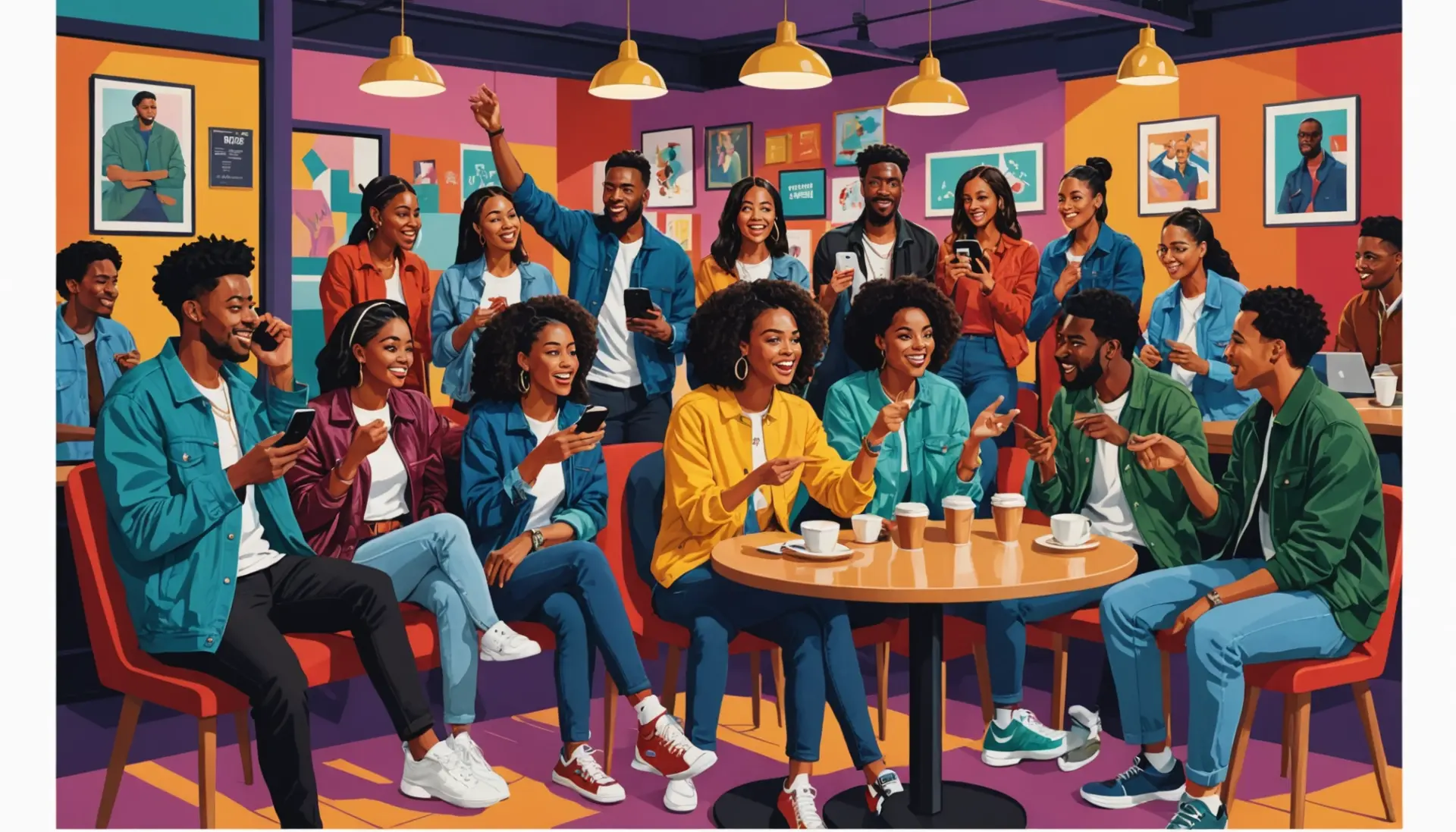Editorial illustration showing people discussing what does exclusive mean at a coffee table