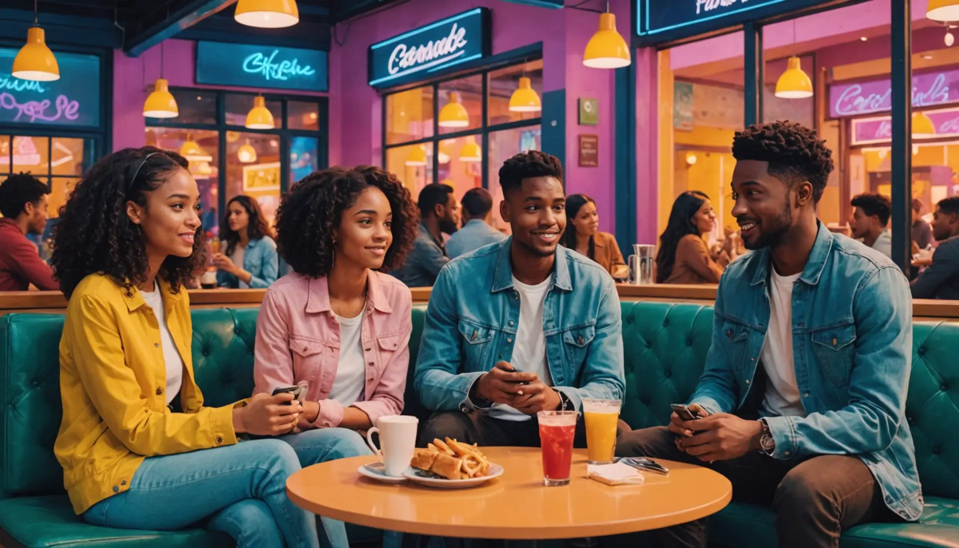 Editorial illustration showing young adults in a blurred, ambiguous hangout scene with the phrase situationship meaning urban dictionary vibe