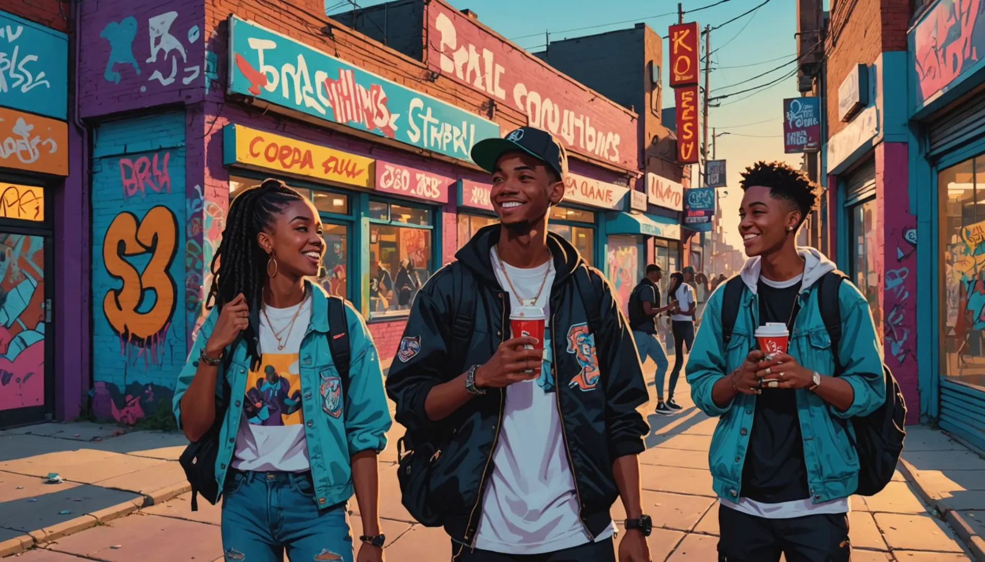 Editorial illustration of a street scene showing people talking, with graffiti and subtle nods to drugs, caption style: what is black drug slang