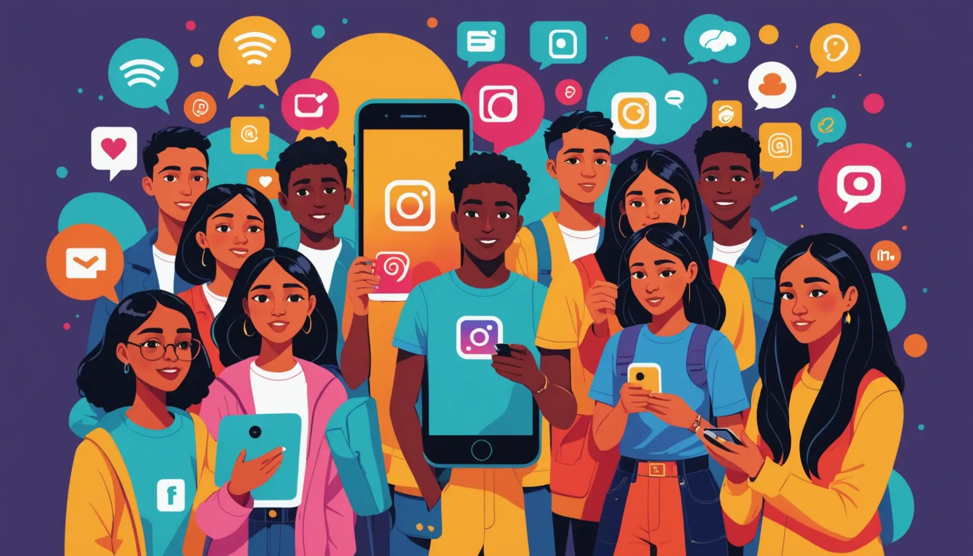 Illustration showing people discussing what do reshares mean on instagram story with story stickers and repost icons