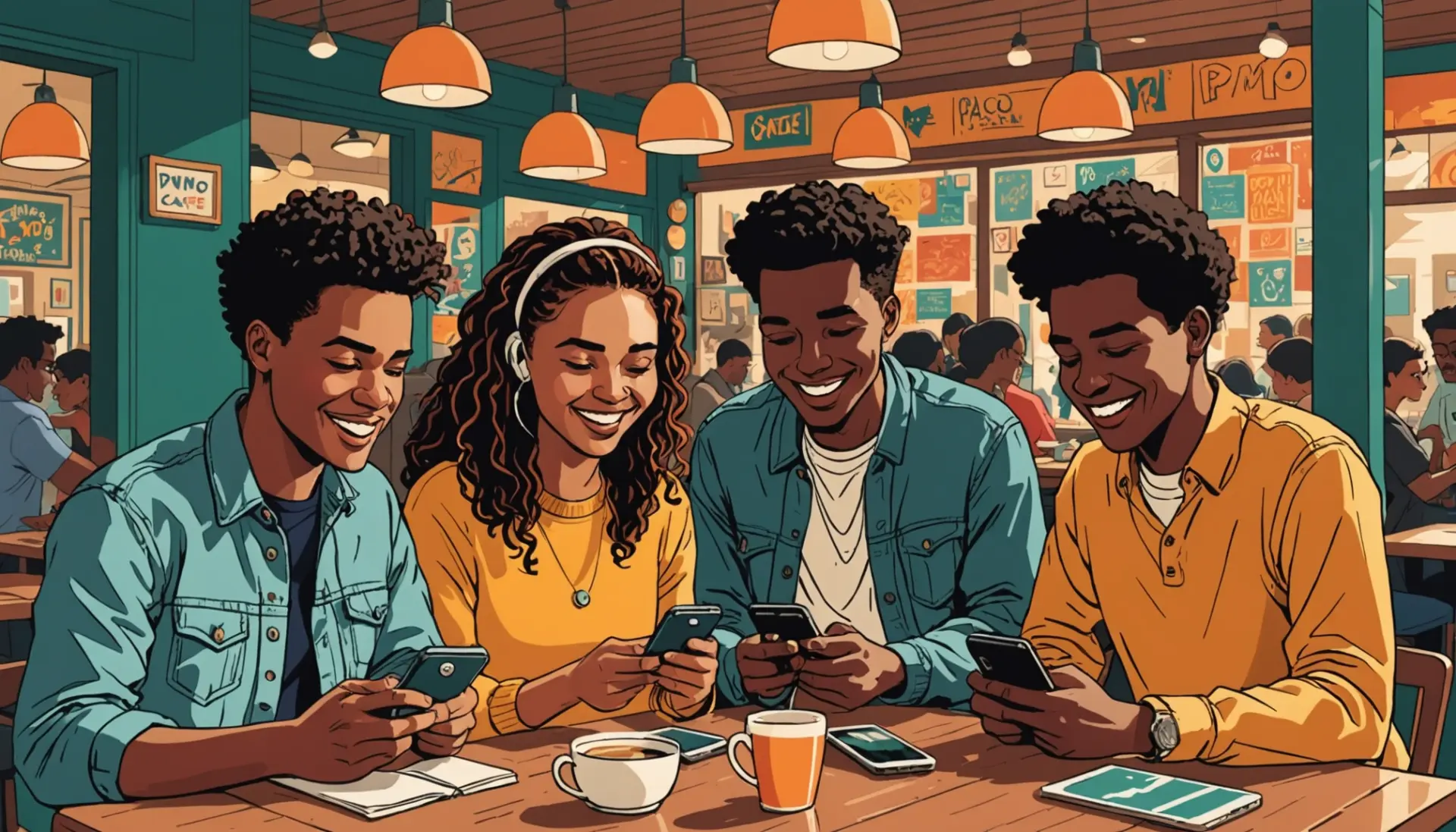 Editorial illustration showing a comic-style sound burst with people texting, focus on what does pwmp mean in text
