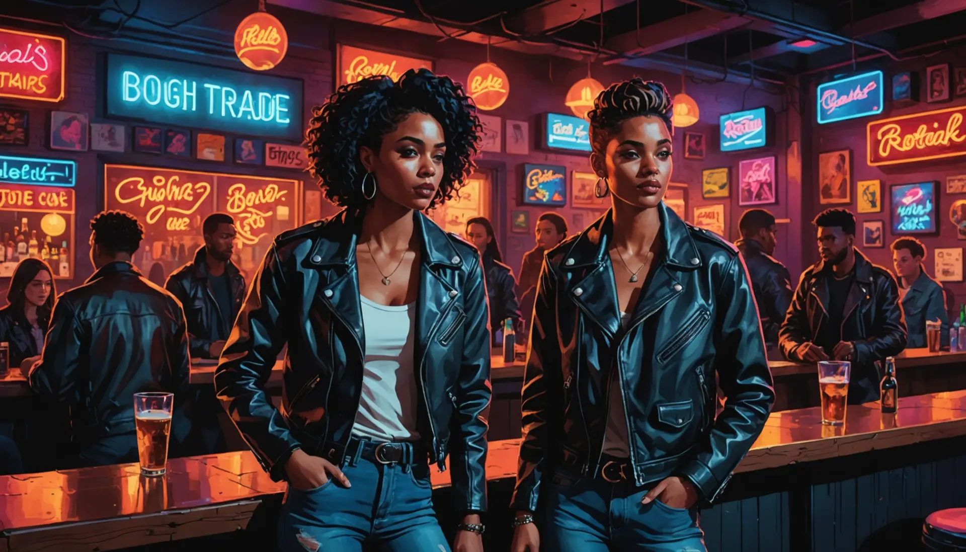 Editorial illustration of a gritty bar scene hinting at rough trade urban dictionary slang