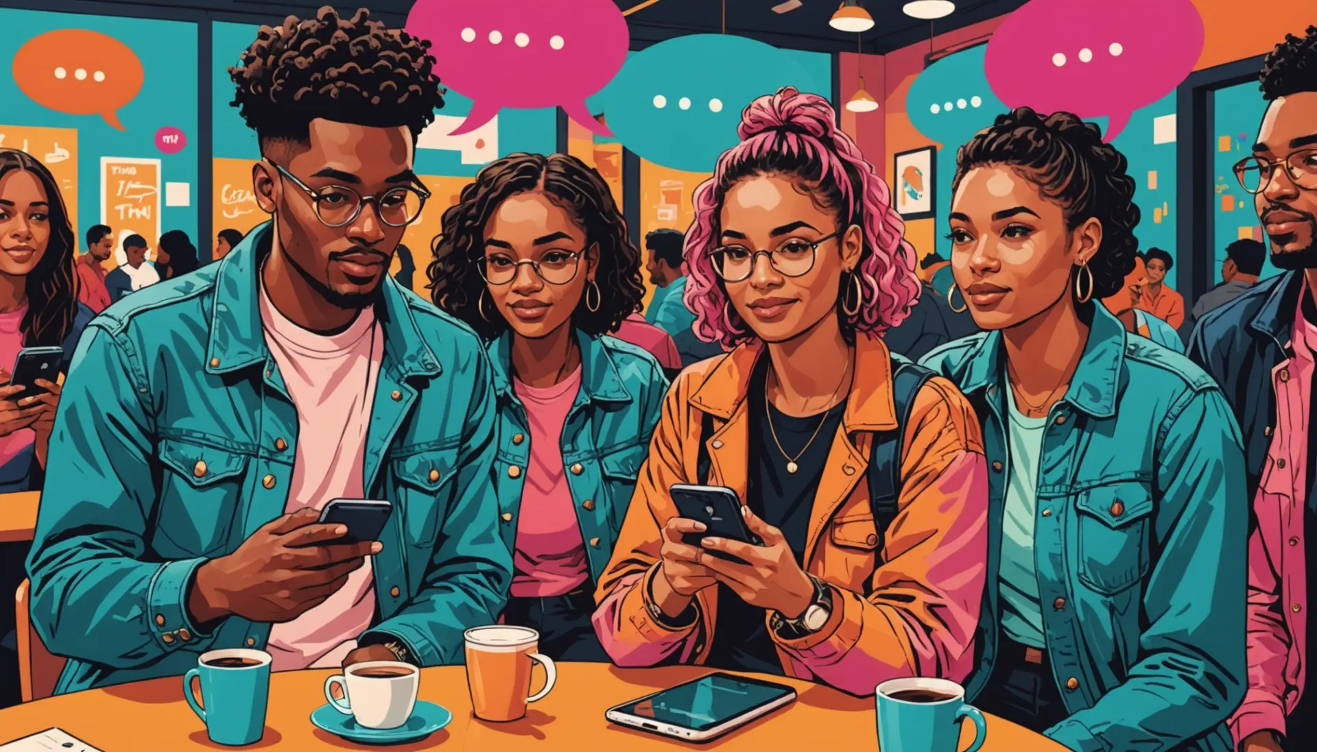 Editorial illustration of young people using phones with caption bubbles saying 'dtm', showcasing dtm slang