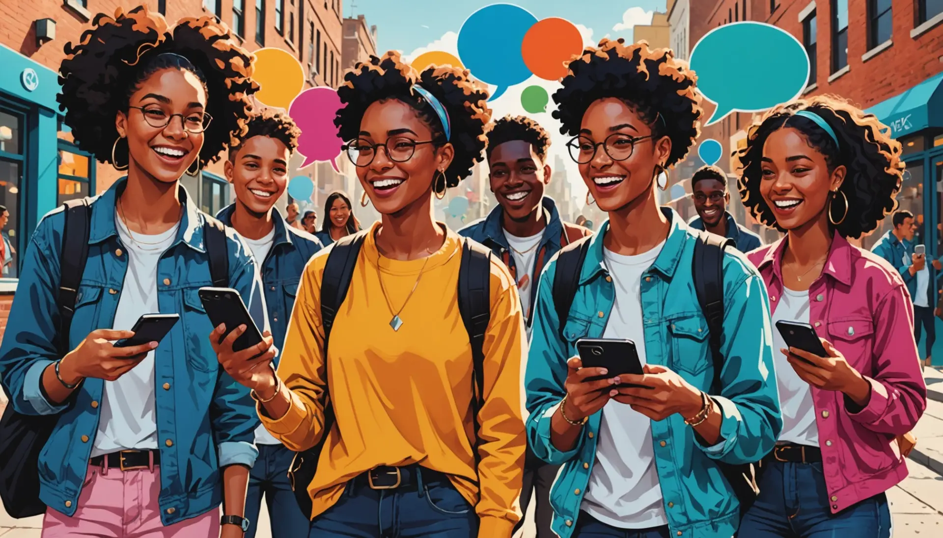 Editorial illustration showing people using slang on their phones with the phrase what does lank mean urban dictionary