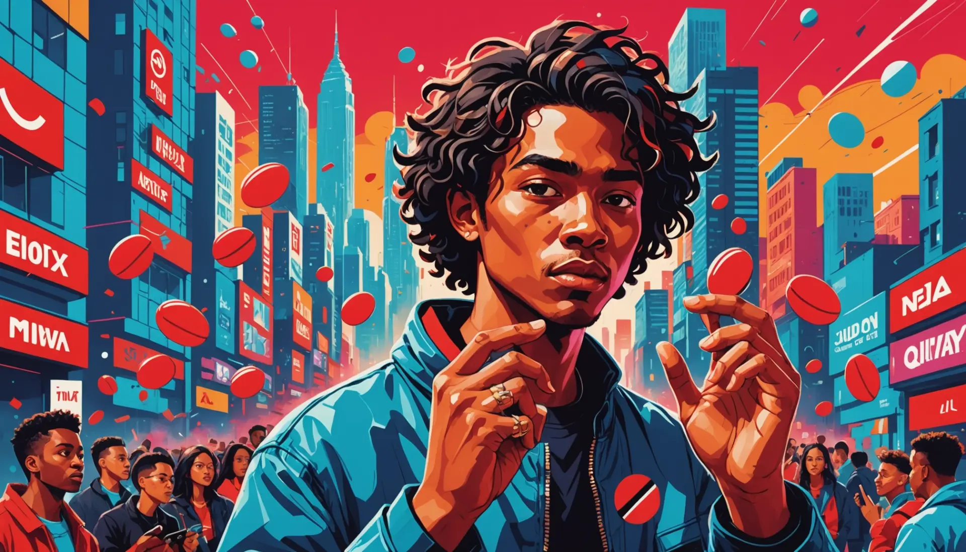 Editorial illustration representing red pill meaning slang with symbolic imagery