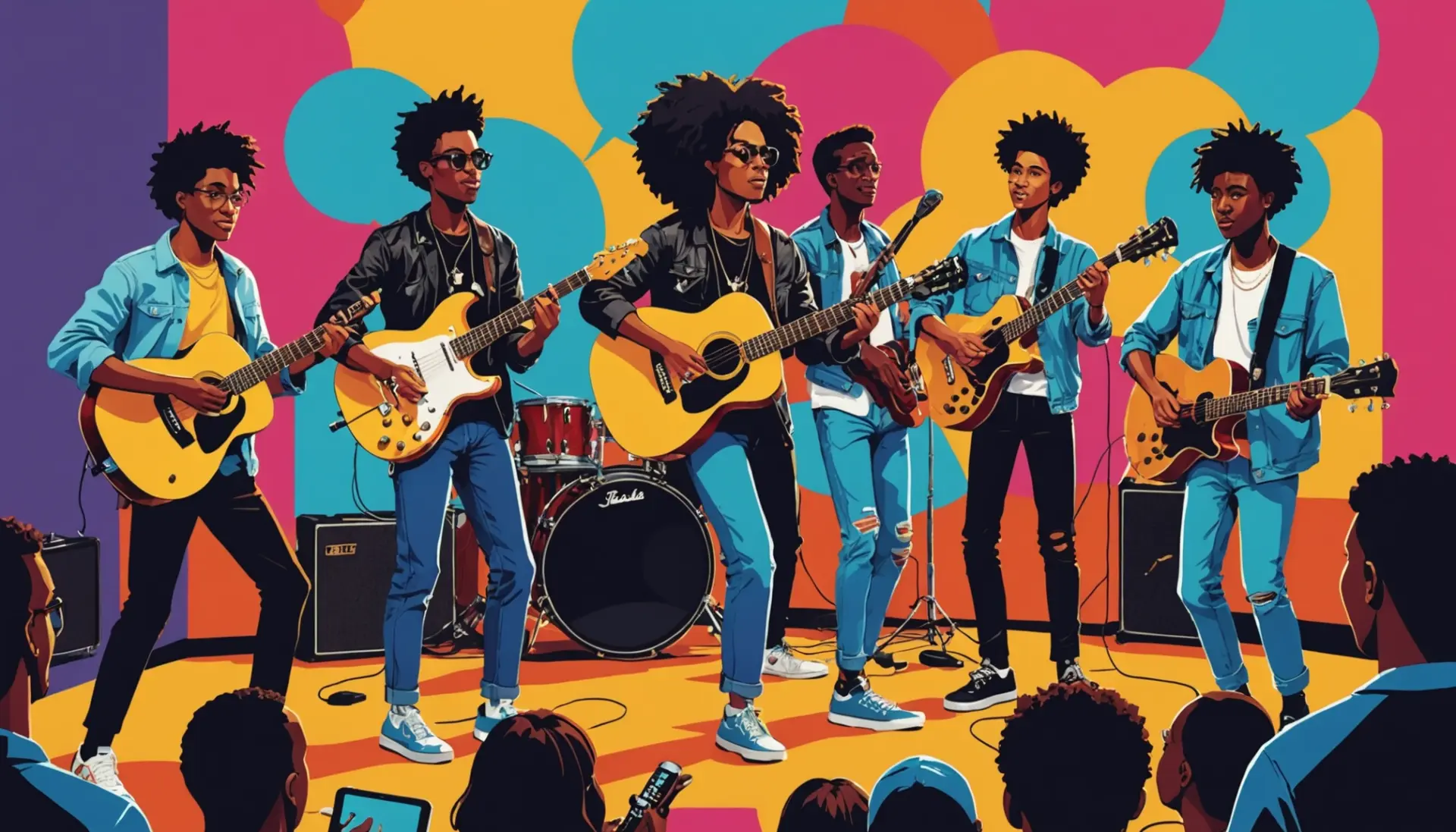 Editorial illustration of musicians using slang for playing guitar on stage