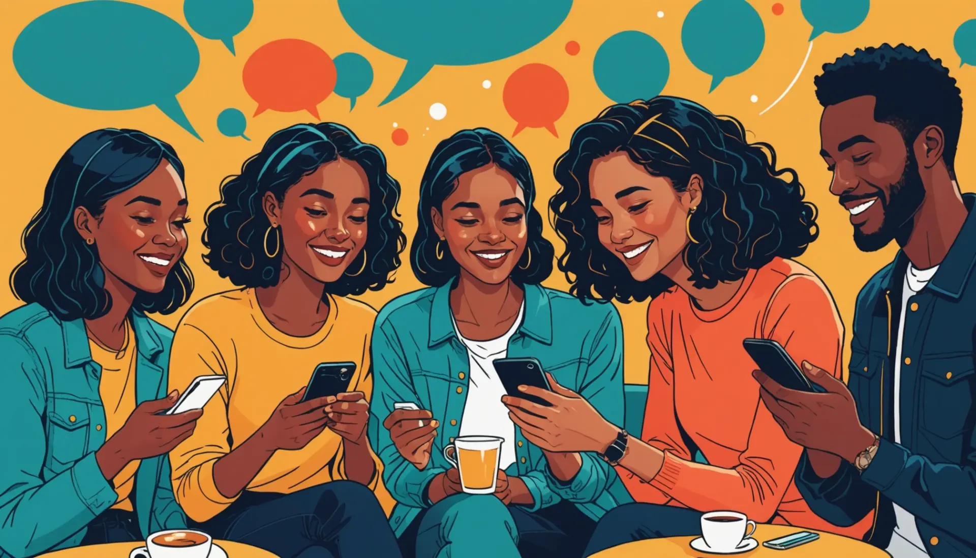 Young people texting on phones with a visible chat bubble showing 'cbh' illustrating cbh meaning in text slang