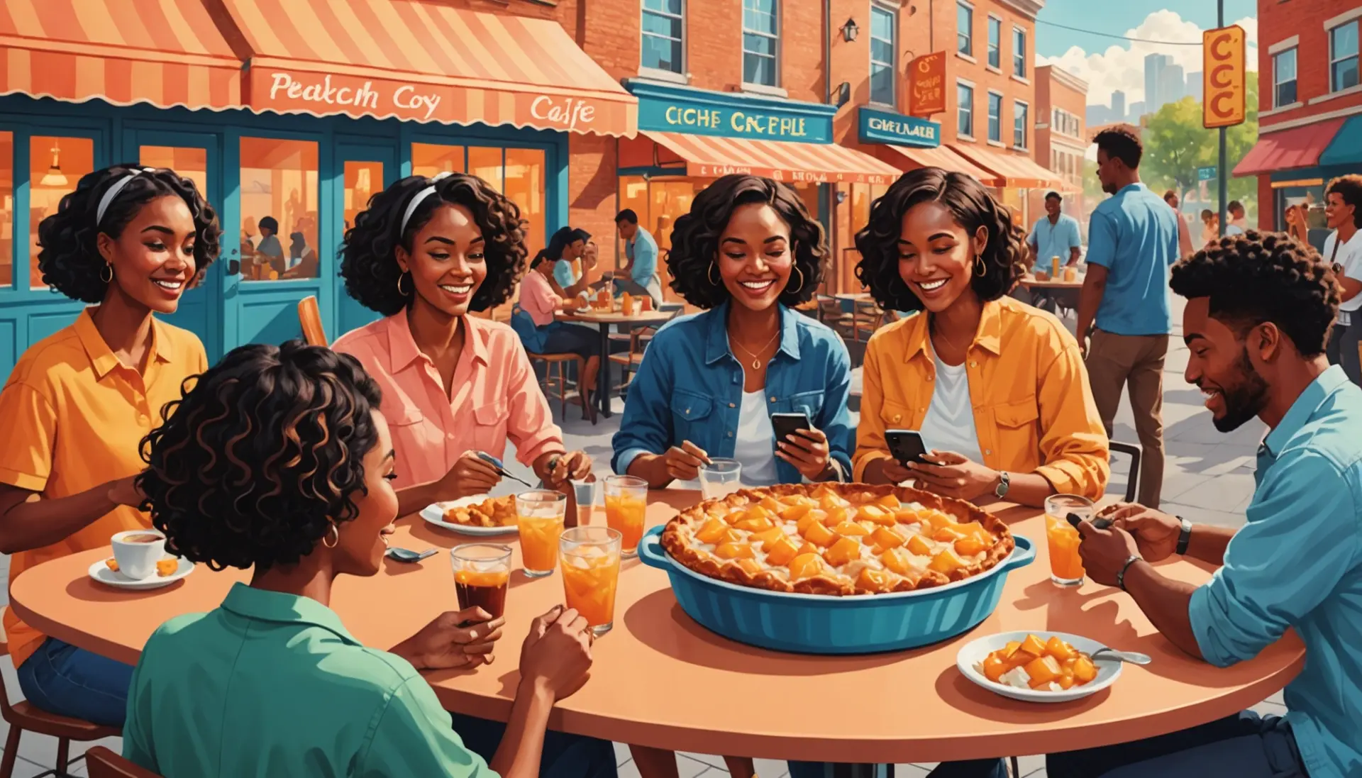 Editorial illustration of people texting about peach cobbler urban dictionary with peach motifs