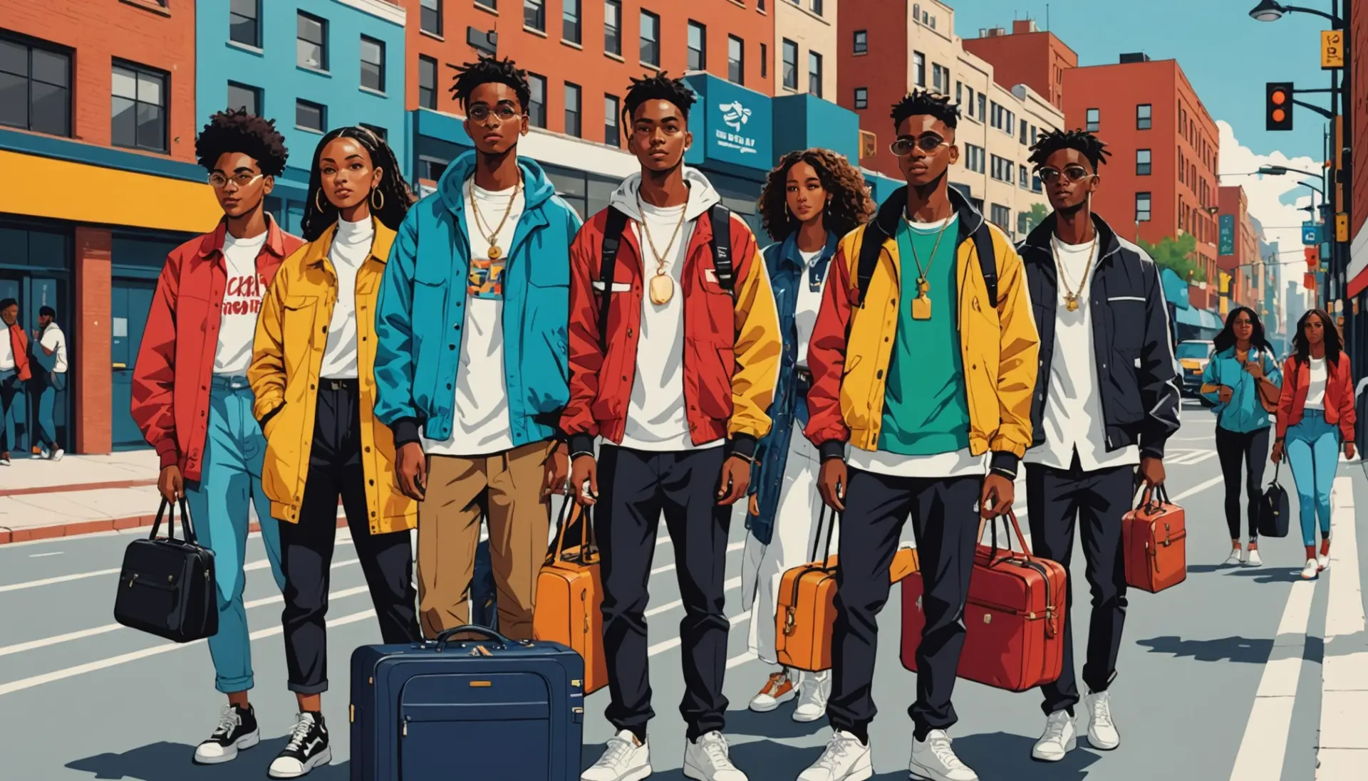 Editorial illustration concept for fob meaning urban dictionary showing diverse young people and cultural symbols