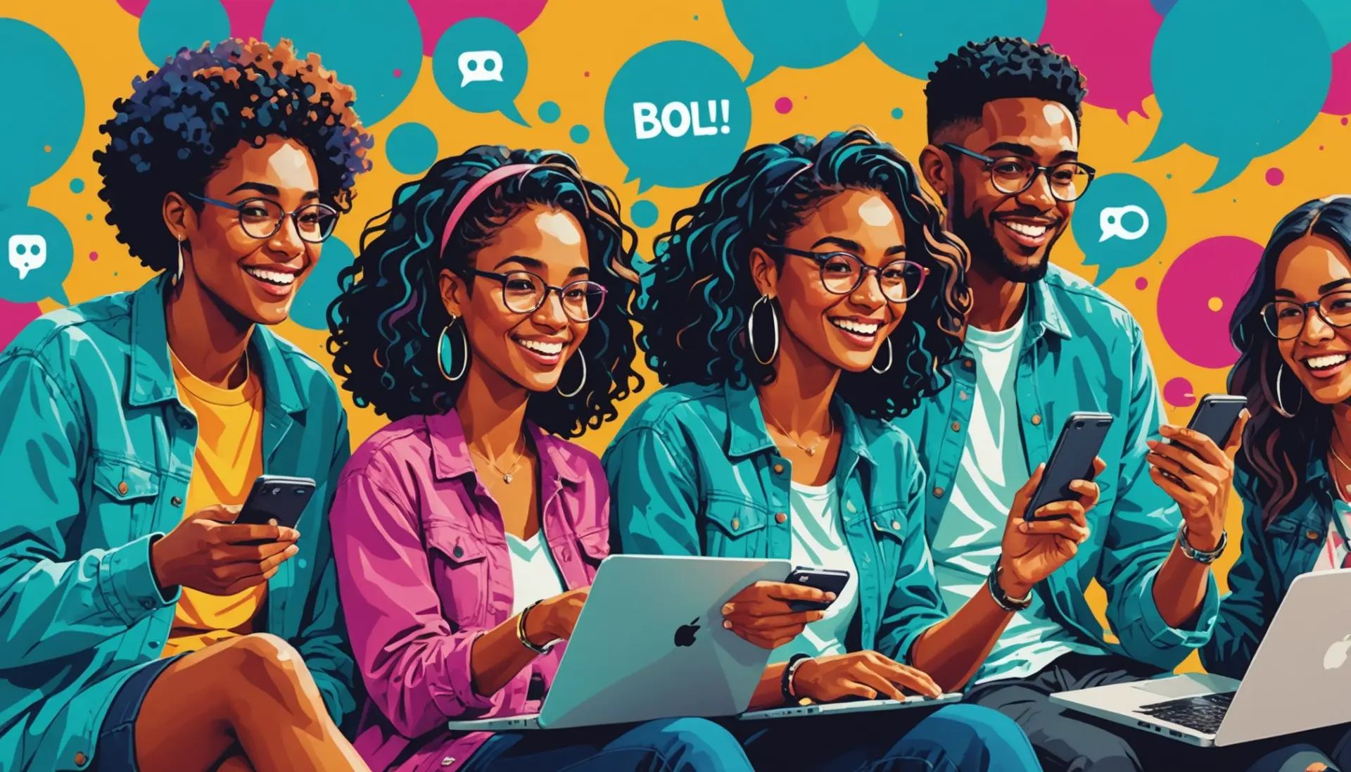 Editorial illustration showing people texting with speech bubbles that include the phrase what does ikk mean in text