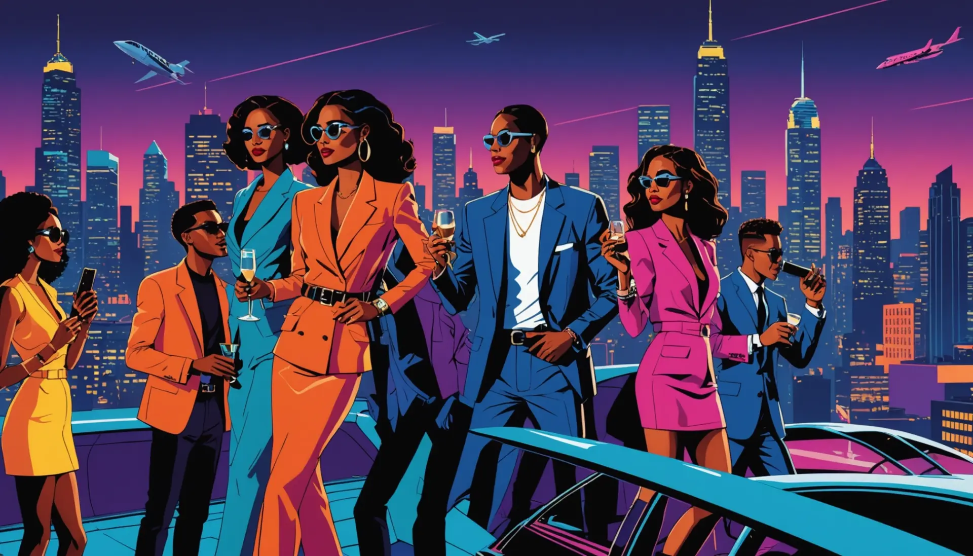 Editorial illustration showing partygoers and a small stylized private jet, evoking g6 meaning slang