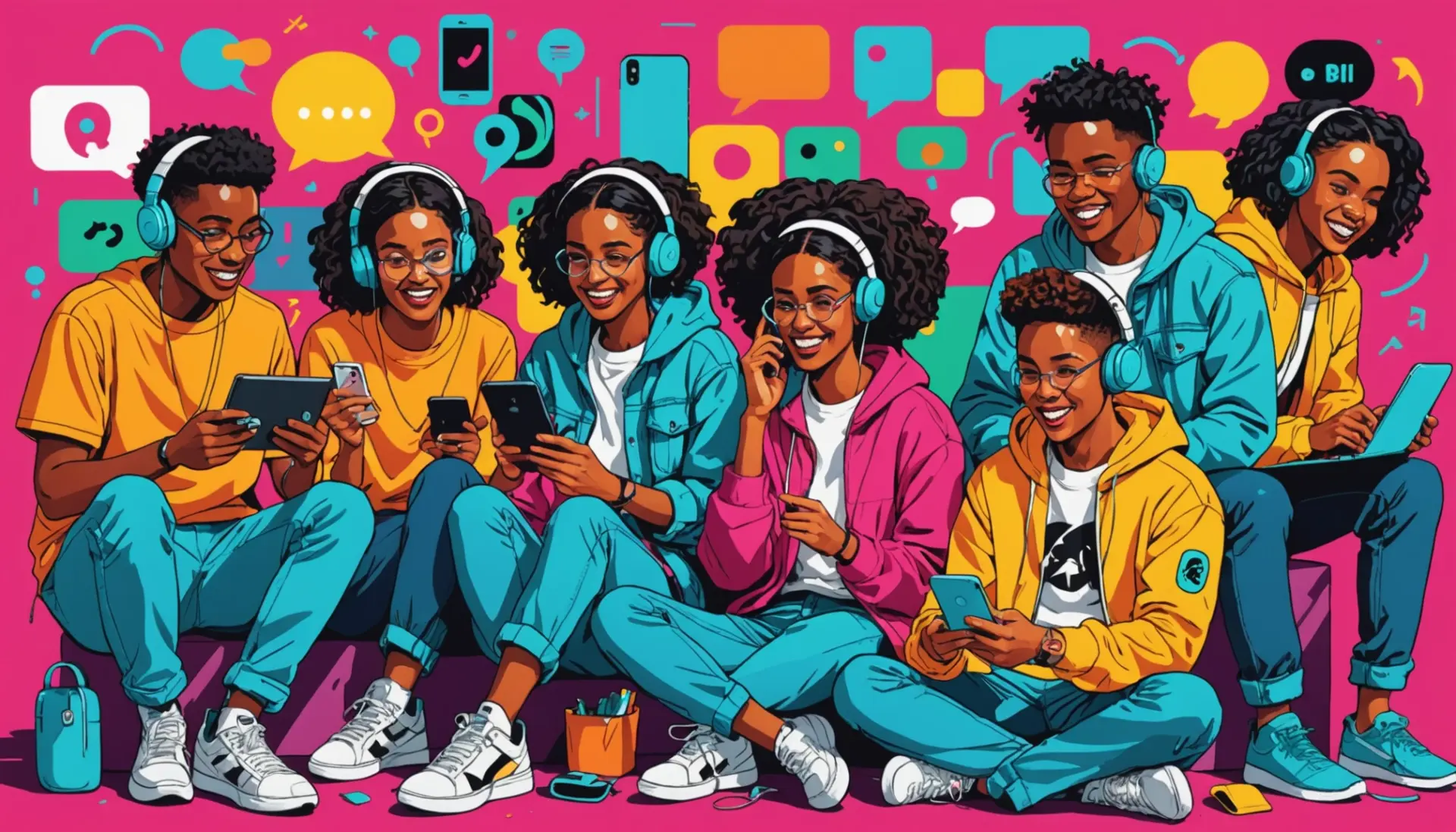 Bright editorial illustration showing people texting 'urban dictionary bet' and reacting, featuring the term urban dictionary bet in concept