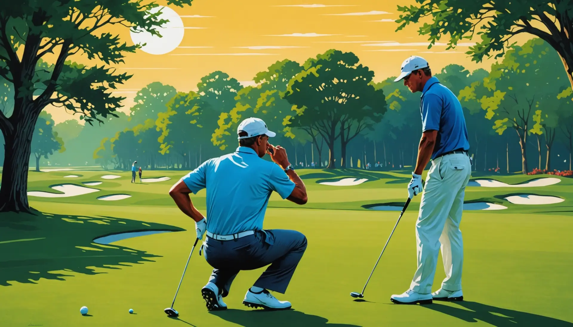 Editorial illustration of a caddie whispering a yardage read, representing caddies golf slang