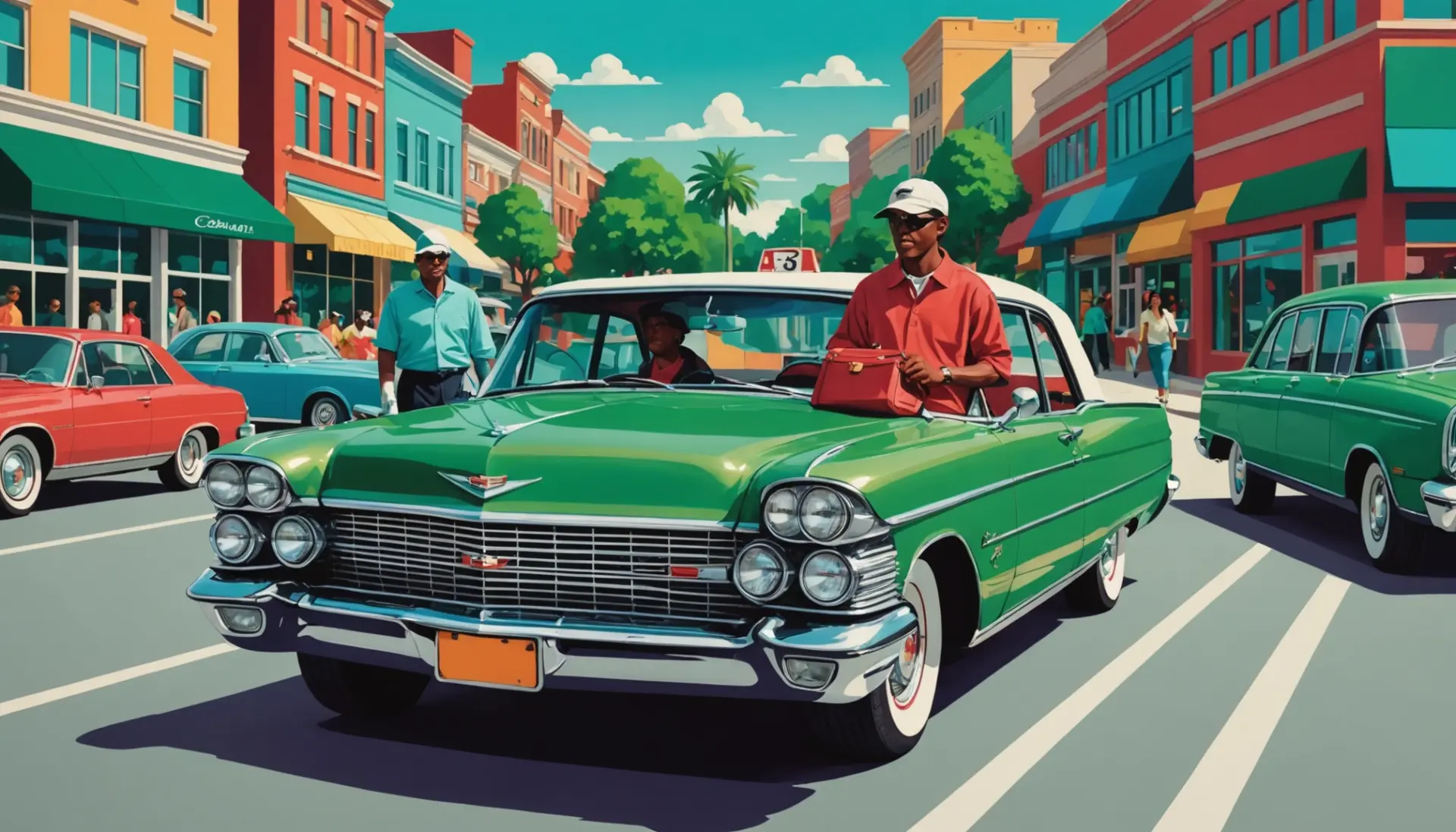 Editorial illustration showing people, a golf caddie, and a Cadillac with the phrase slang for caddies implied