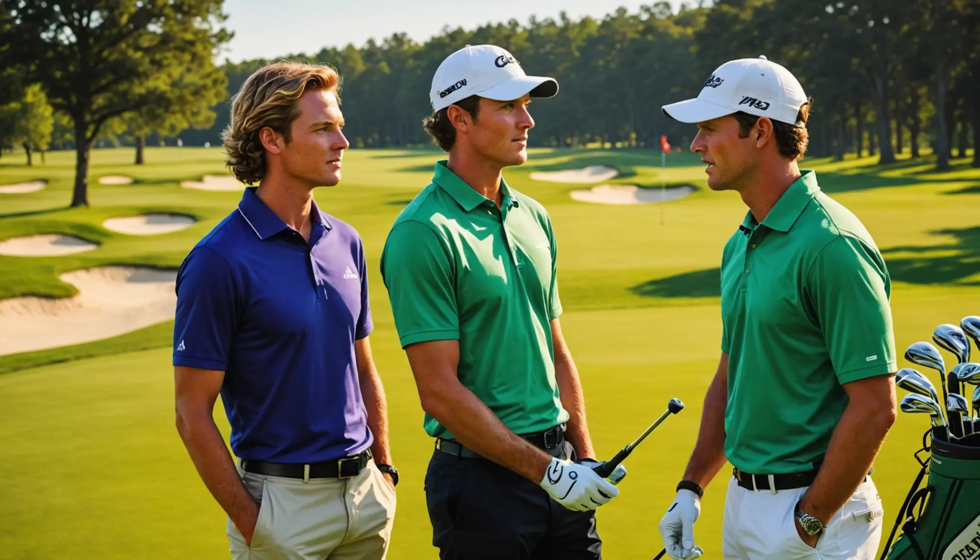 Editorial illustration showing a caddy and golfer whispering, caption-free, highlighting golf caddy slang