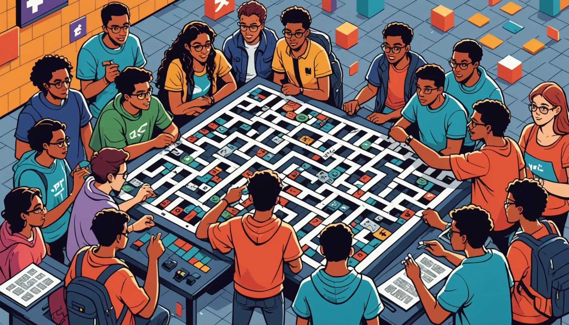 Editorial illustration of gamers and crossword pieces with the phrase inexperienced gamers in slang crossword concept