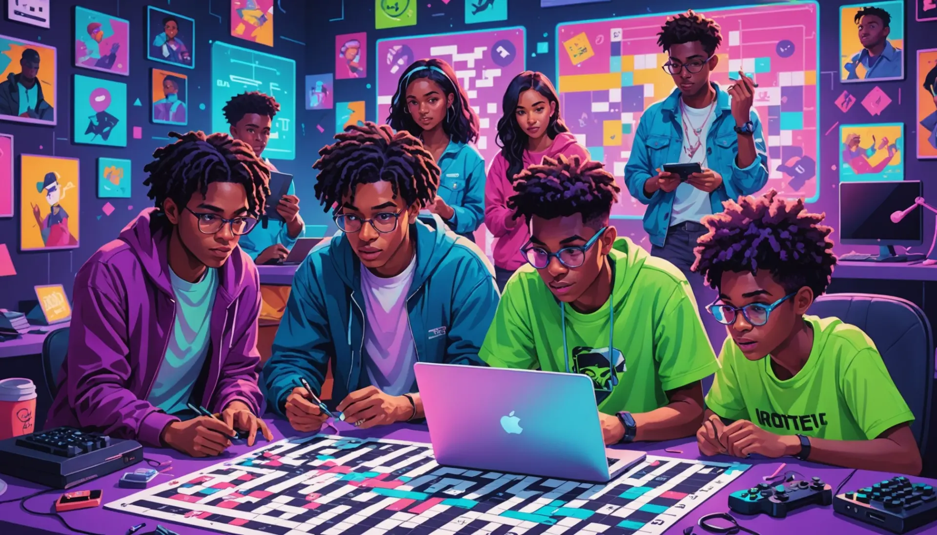 Editorial illustration of gamers with a crossword grid and the phrase inexperienced gamers in slang crossword clue in scene composition