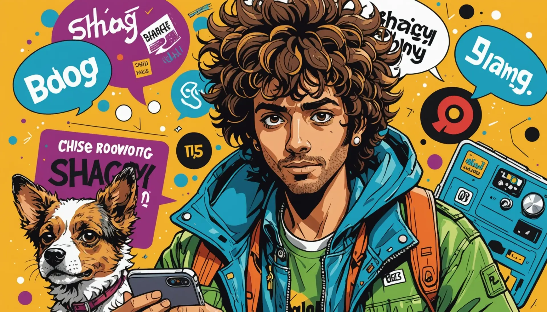 Editorial illustration showing characters and memes representing shaggy urban dictionary meanings