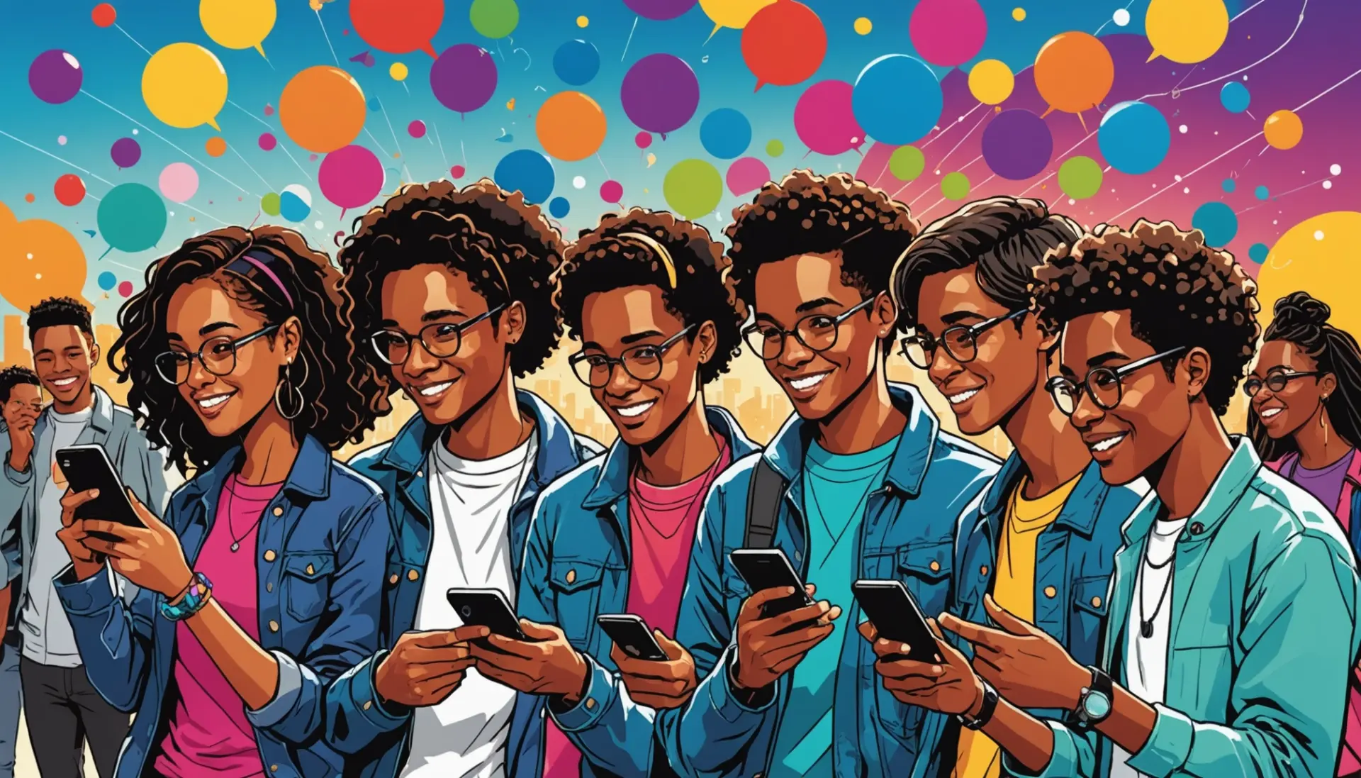 Editorial illustration showing the phrase buzzy urban dictionary being shared across phones and social feeds