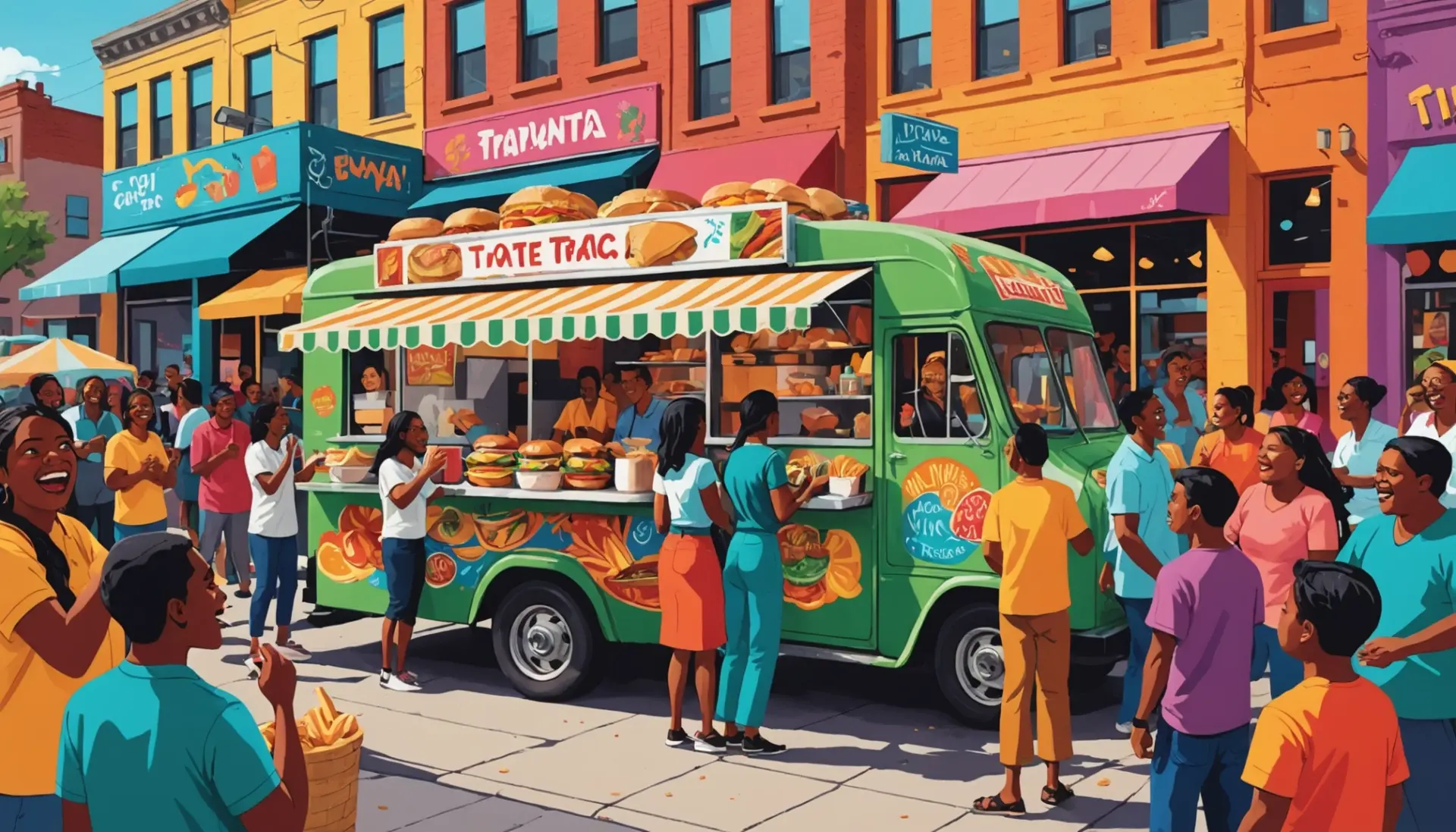 Editorial illustration of people around a torta truck, highlighting tortas meaning slang