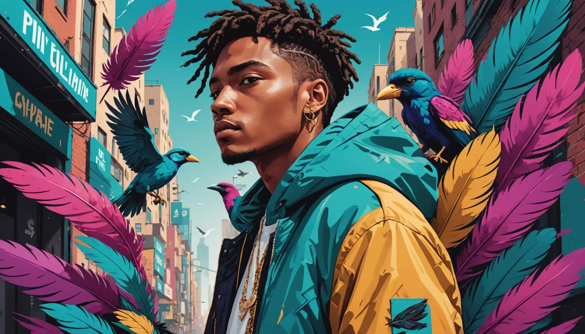 Editorial illustration showing people and bird motifs, reflecting 'what does avian mean'