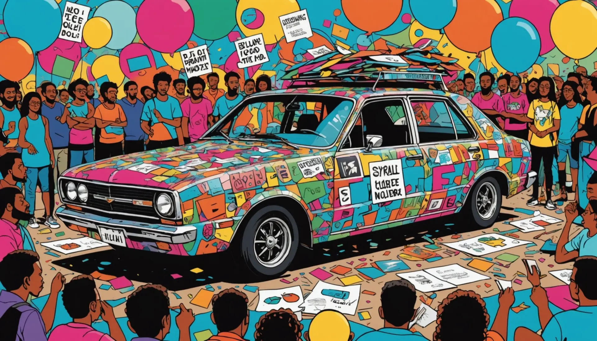 Illustration showing a sloppy hand-drawn car with tags and speech bubbles labeled slang for a car word salad
