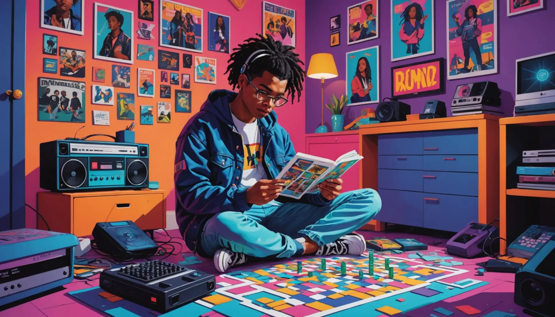 Illustration showing the phrase awesome in 90s slang crossword as part of a colorful editorial scene
