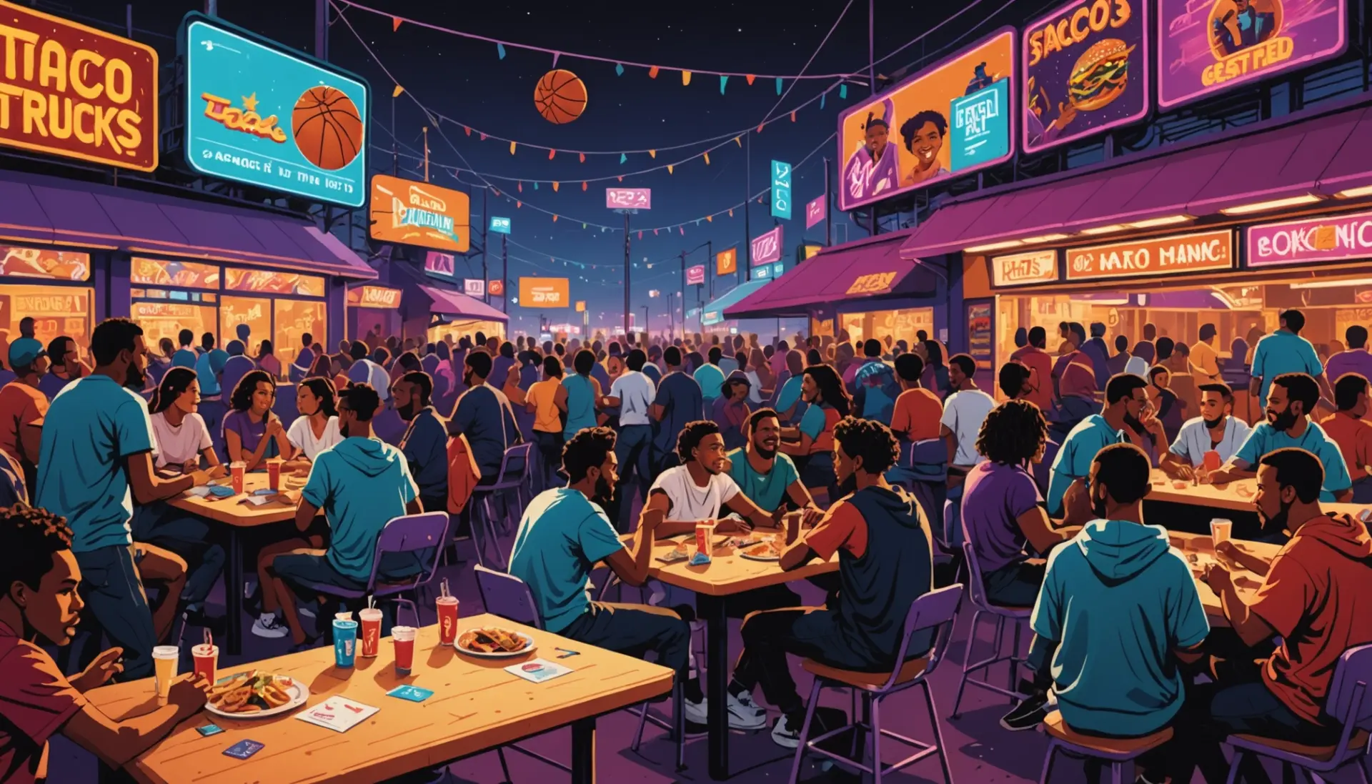 Editorial illustration showing people using sac meaning slang across city and gaming scenes