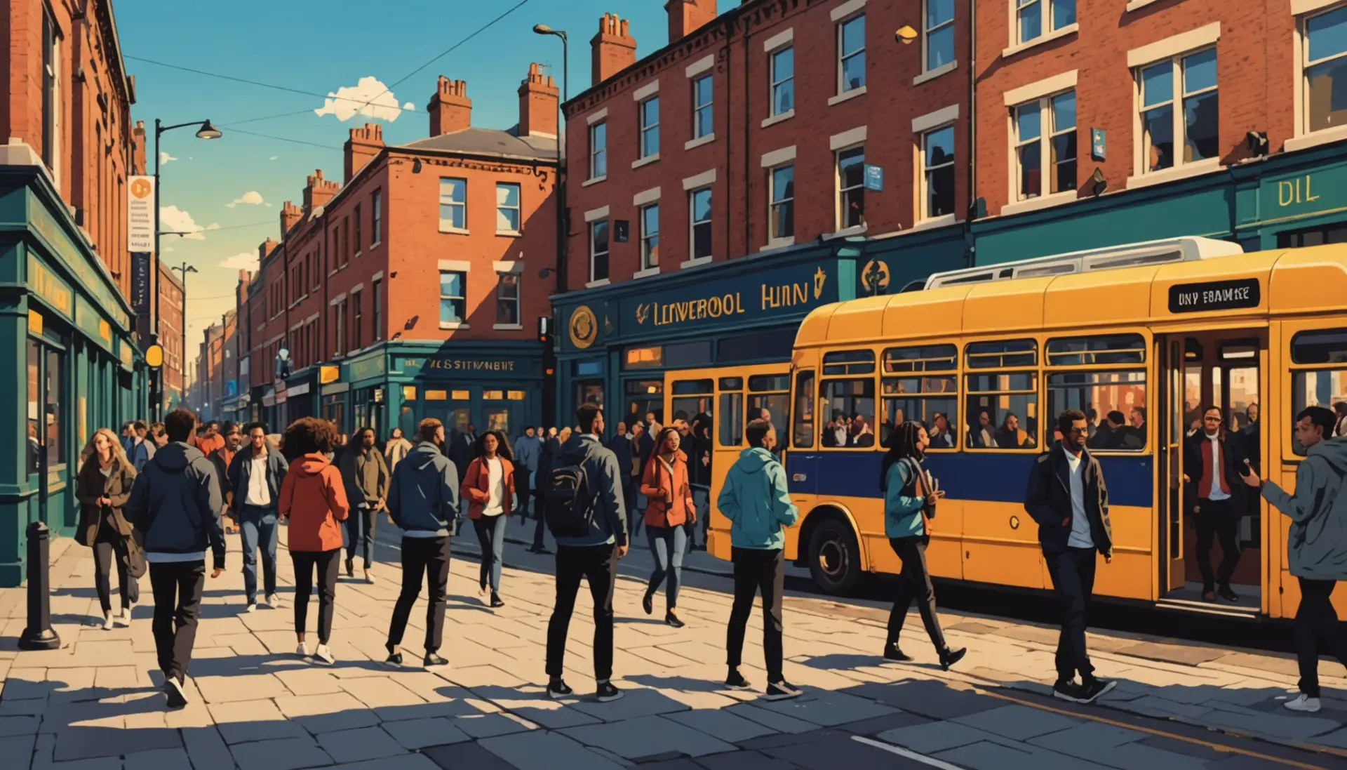 Editorial illustration of Liverpool scene highlighting Scouser meaning slang with vibrant characters