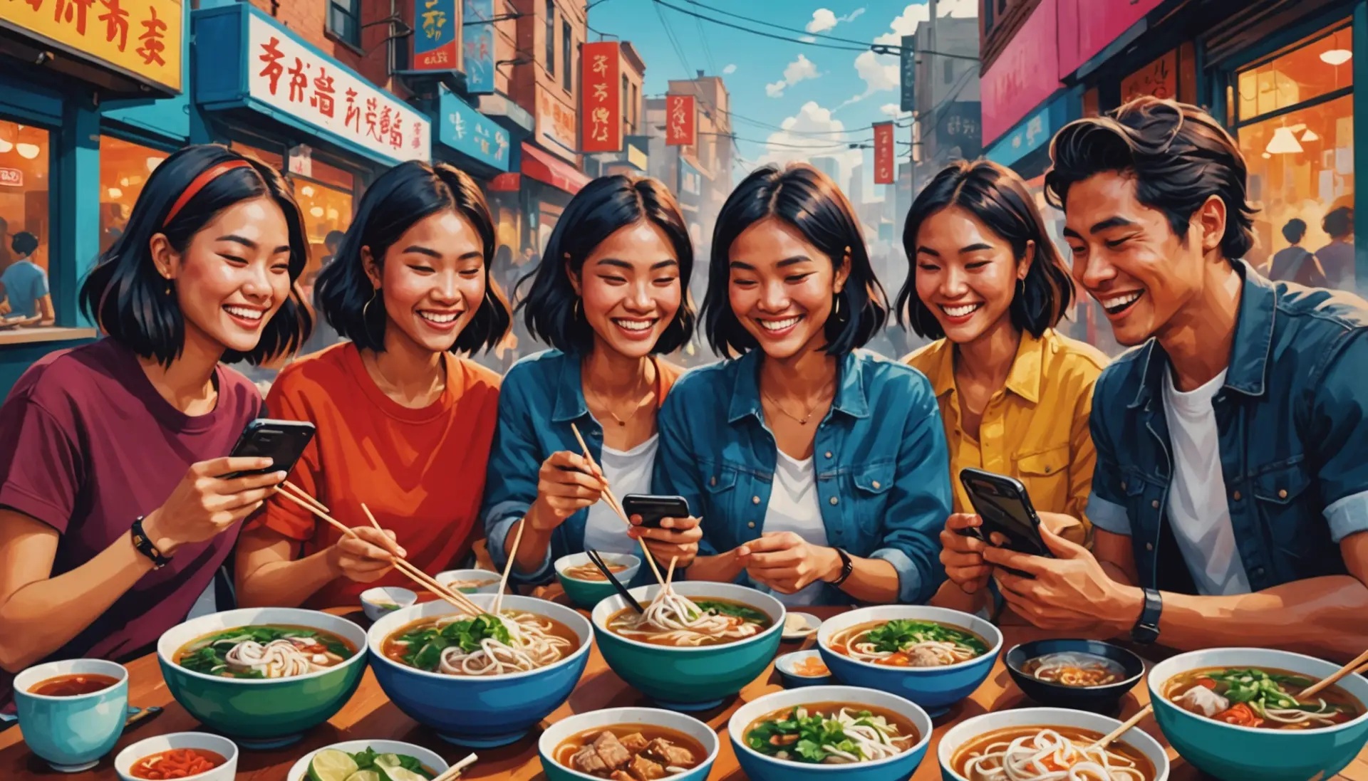 Illustration of friends texting 'pho meaning text slang' while eating pho